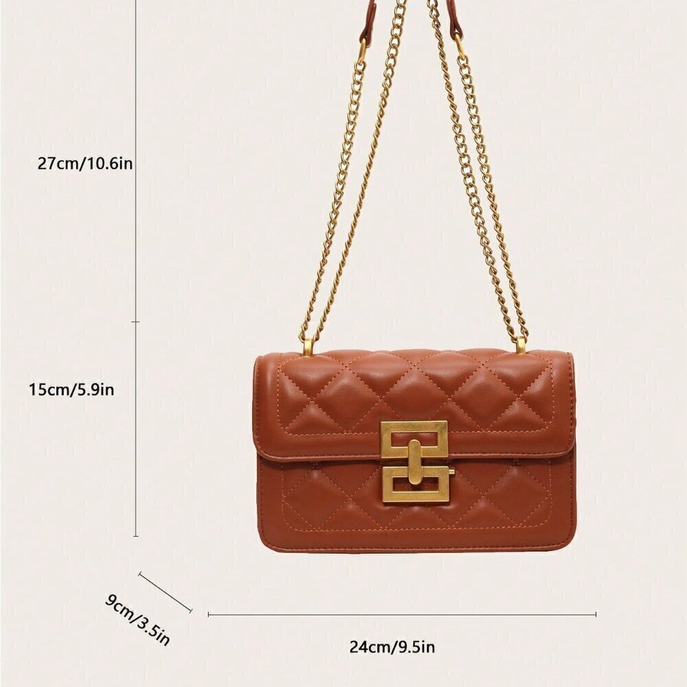 Brown Elegant Women's Square Crossbody Bag With Chain Strap - Picture 4 of 7
